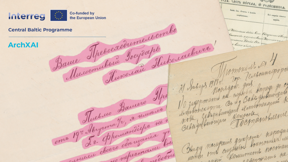Kuvassa on vanhaa käsialatekstiä, josta on korostettu kirjoitusoiso. Tämän korostetun osan tekoäly tunnistaa ja muuttaa konetekstiksi. Kuvan laidassa on Euroopan unionin logo.