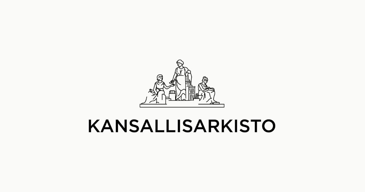 Kuvassa Kansallisarkiston logo: tyylitelty viirroskuva patsaasta, jossa on kolme toogaan pukeutunutta hahmoa.