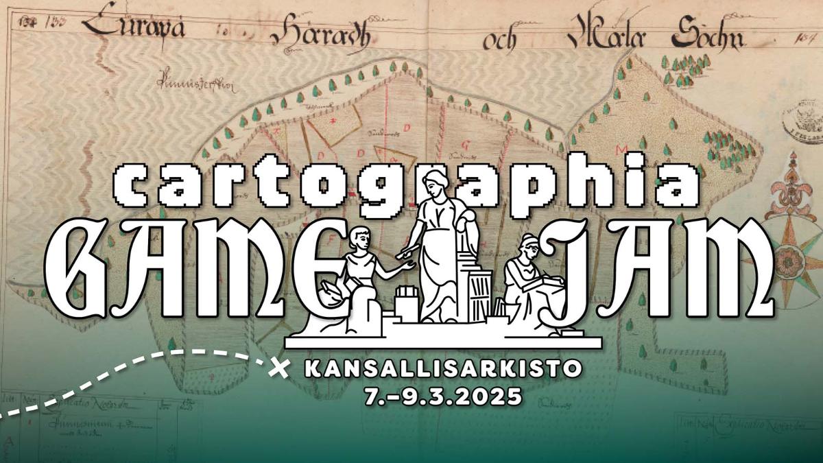 Kuvassa Vihreällä karttapohjalla kolme antiikin naishahmoa. Teksti: Cartographia Game Jam.