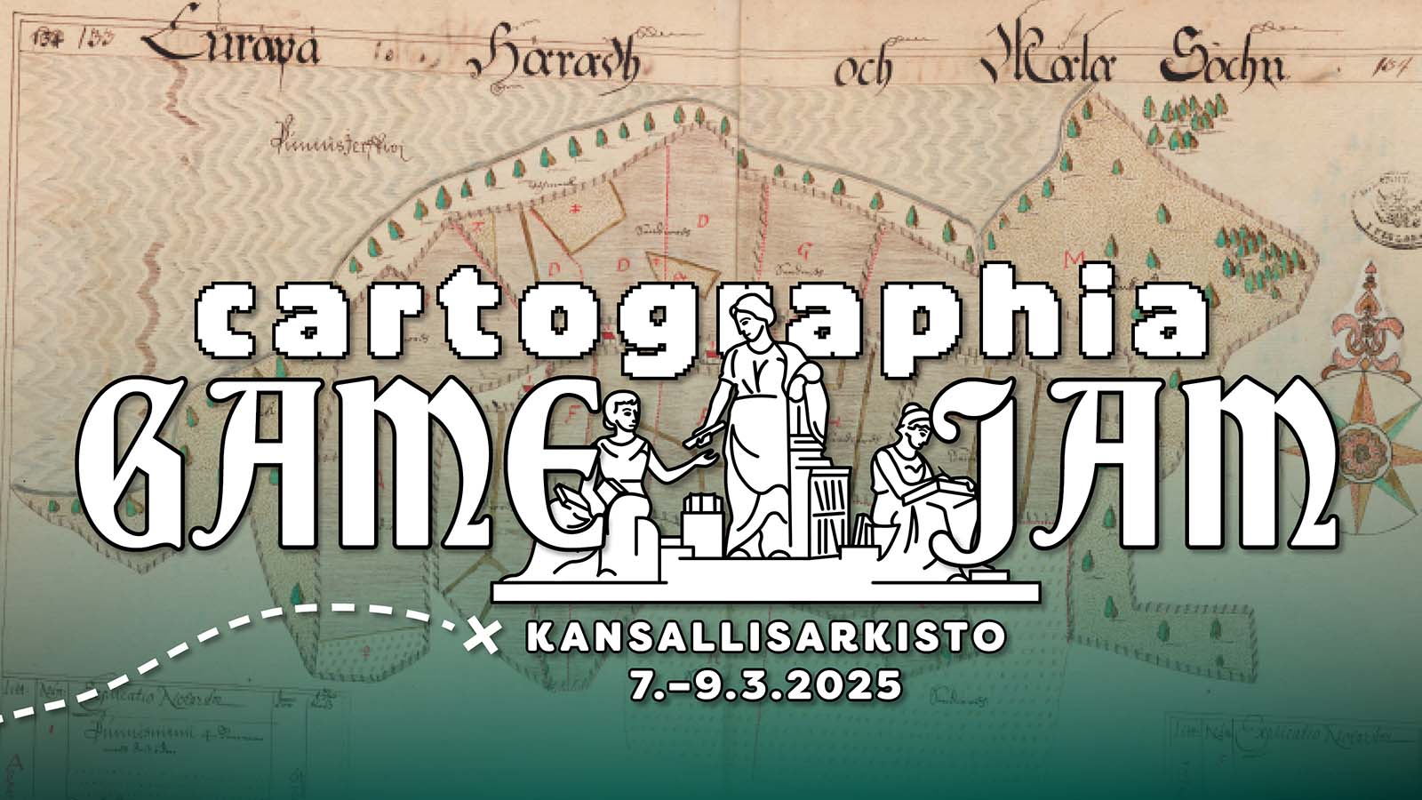 Kuvassa Vihreällä karttapohjalla kolme antiikin naishahmoa. Teksti: Cartographia Game Jam.