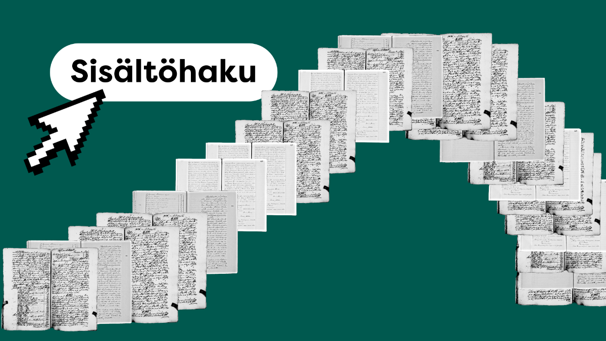 Kuvassa hiiri, joka klikkaa sisältökhaku-hakukenttää ja rivi vanhoja aineistoja vihreällä pohjalla.