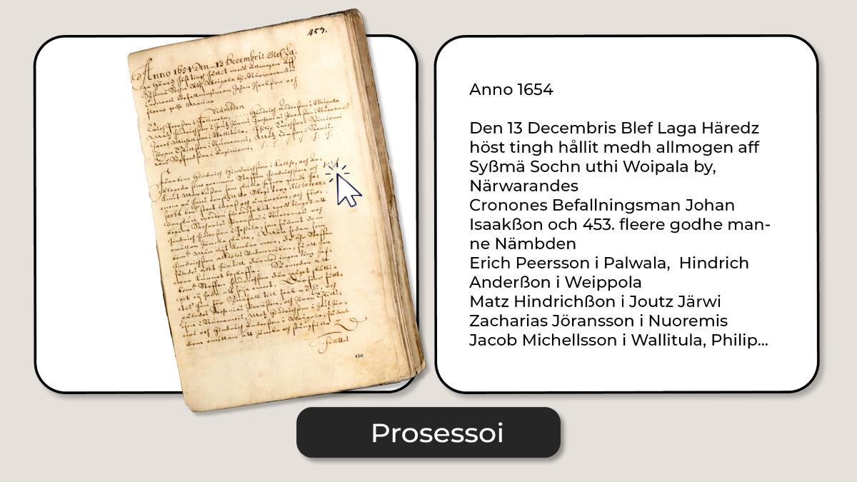 Kuvassa kaksi laatikkoa, joista oikeanpuoleisessa tekoälyn avulla tunnistettua 1600-luvun käsikirjoituksen sisältöä. Kuvan päällä vanha tuomiokirjan sivu.