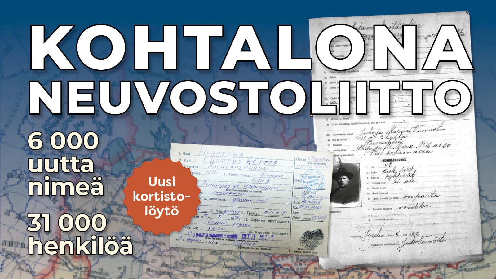 Kuvituskuvassa näkyy esimerkkejä korteista. Oikealla on Juha Vuoriston kortti Suomen kommunistisen puolueen suuresta henkilökortistosta, vasemmalla Kerttu Nuortevan vankileirikortti.