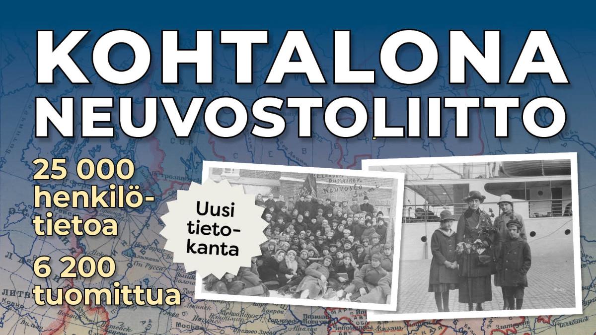 Mainoskuva Kohtalona Neuvostoliitto -tietokannalle. Ihmisten valokuvia kartan päällä, tekstit: