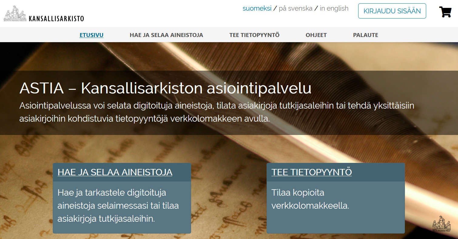 Uuden Astia-palvelun etusivu.