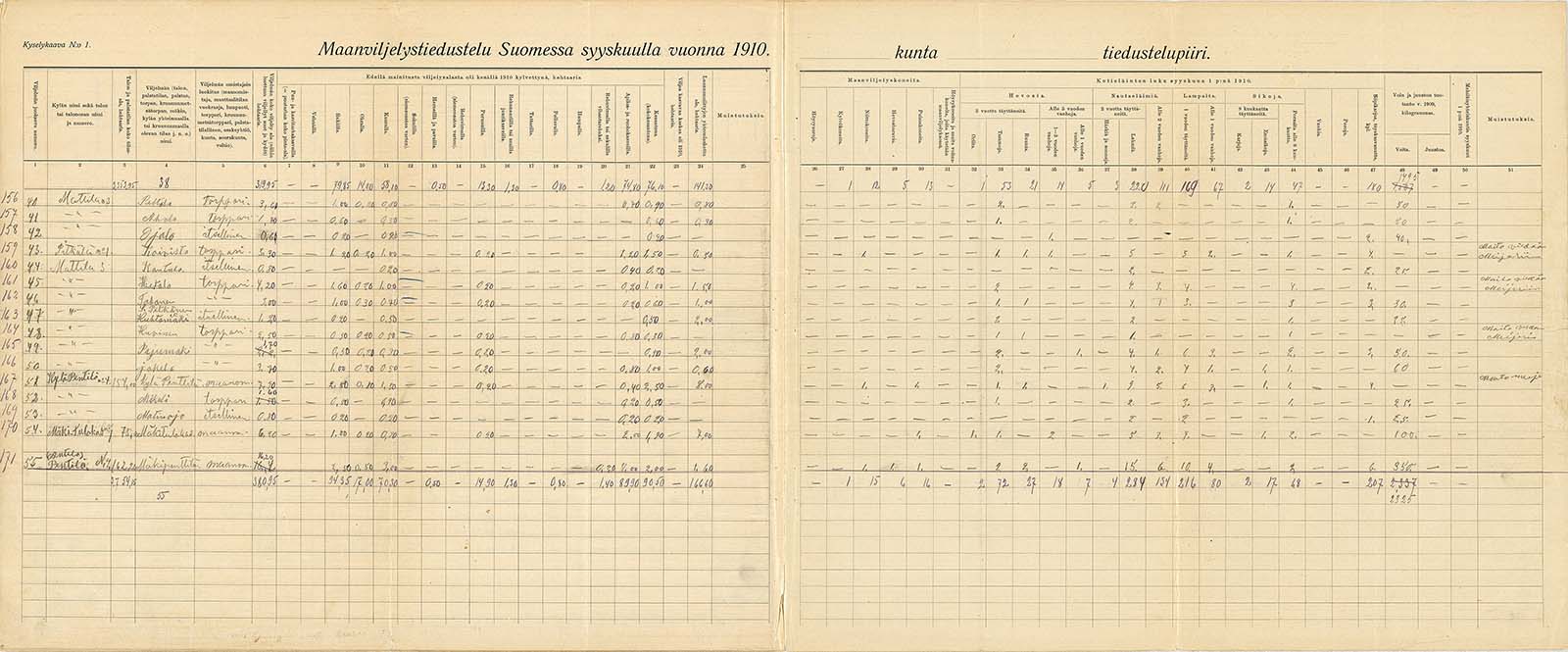 Aukeama maataloustiedusteluvihkosta vuodelta 1910 Hämeen läänistä.