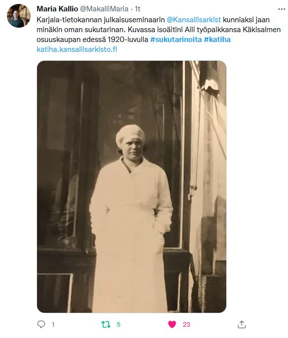 Kuvakaappaus Twitterissä julkaistusta sukutarinasta.