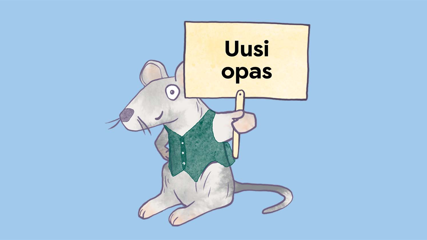 Viisas hiiri kantaa kylttiä, jossa lukee "uusi opas".