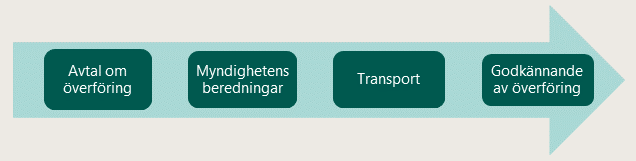 Överföringens skeden är planering av överföring, myndighetsberedning, transport och godkännande av överföring.