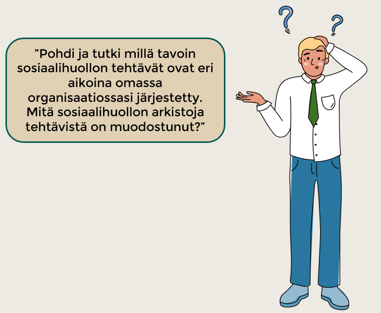 Mies seisoo hämmentyneen näköisenä ja kysyy: "Millä tavoin sosiaalihuollon tehtävät on eri aikoina järjestetty omassa organisaatiossasi?", piirroskuva.