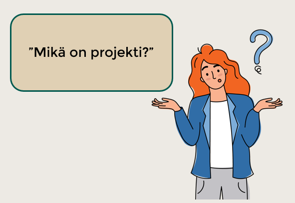 Punatukkainen tyttö levittää käsiään ja kysyy, mikä on projekti, piirroskuva.