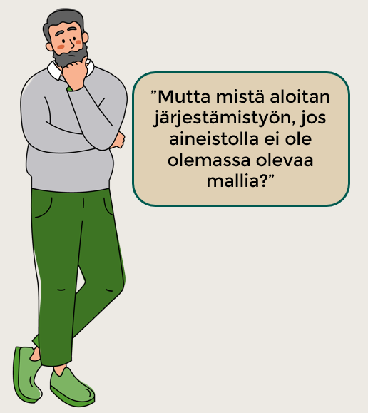 Parrakas mies pohtii, mistä järjestämistyö pitäisi aloittaa, piirroskuva.