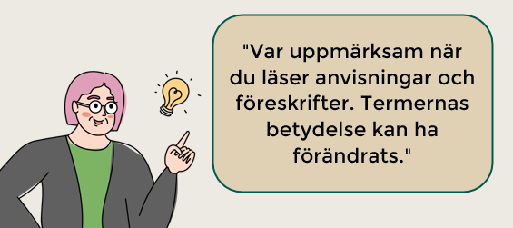 En rödhårig kvinna säger: Var uppmärksam när du läser anvisningar och föreskrifter. Termernas betydelse kan ha förändrats. Teckning.