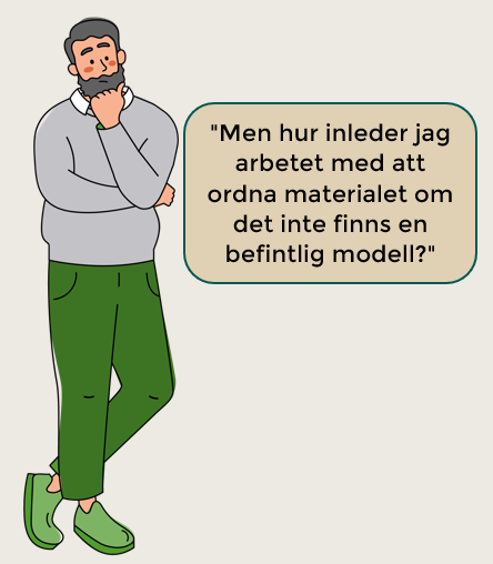 En brunhårig man funderar: Hur inleder jag arbetet med att ordna materialet om det inte finns en befintlig modell?